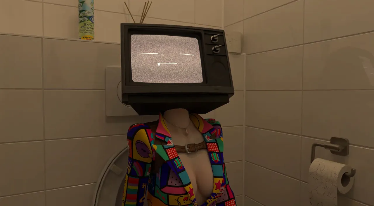 Person with futuristic TV head in an otherworldly, minimalistic sci-fi bathroom