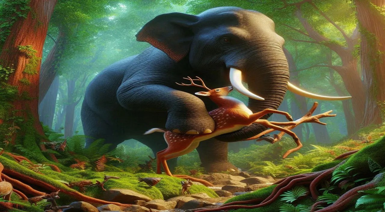 In the dense jungle, one big black evil and cruel elephant is beating one deer brutely