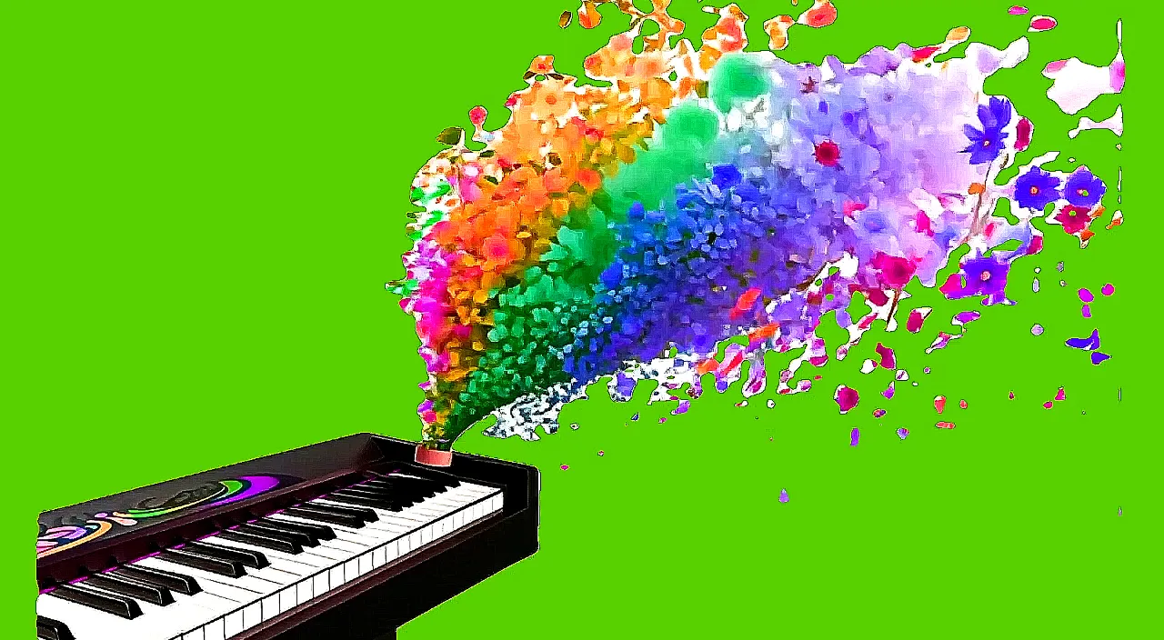 a piano with a rainbow colored design coming out of it