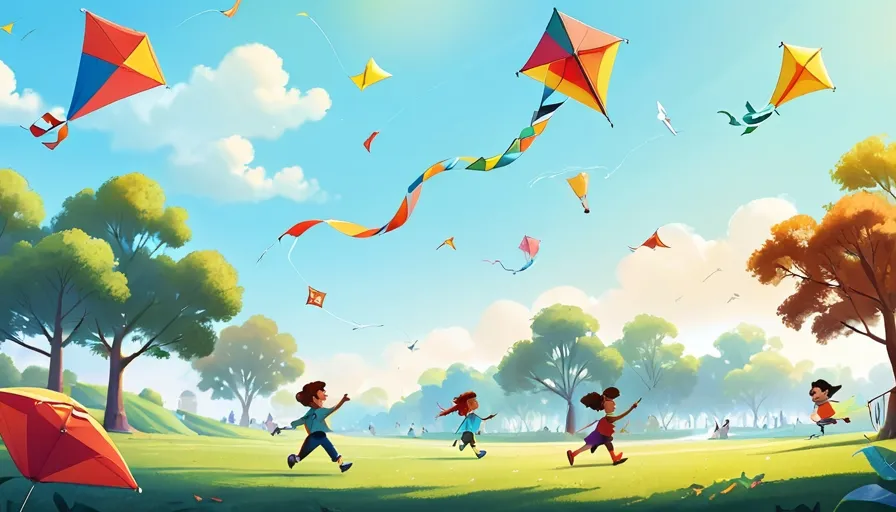 a group of children flying kites in a park