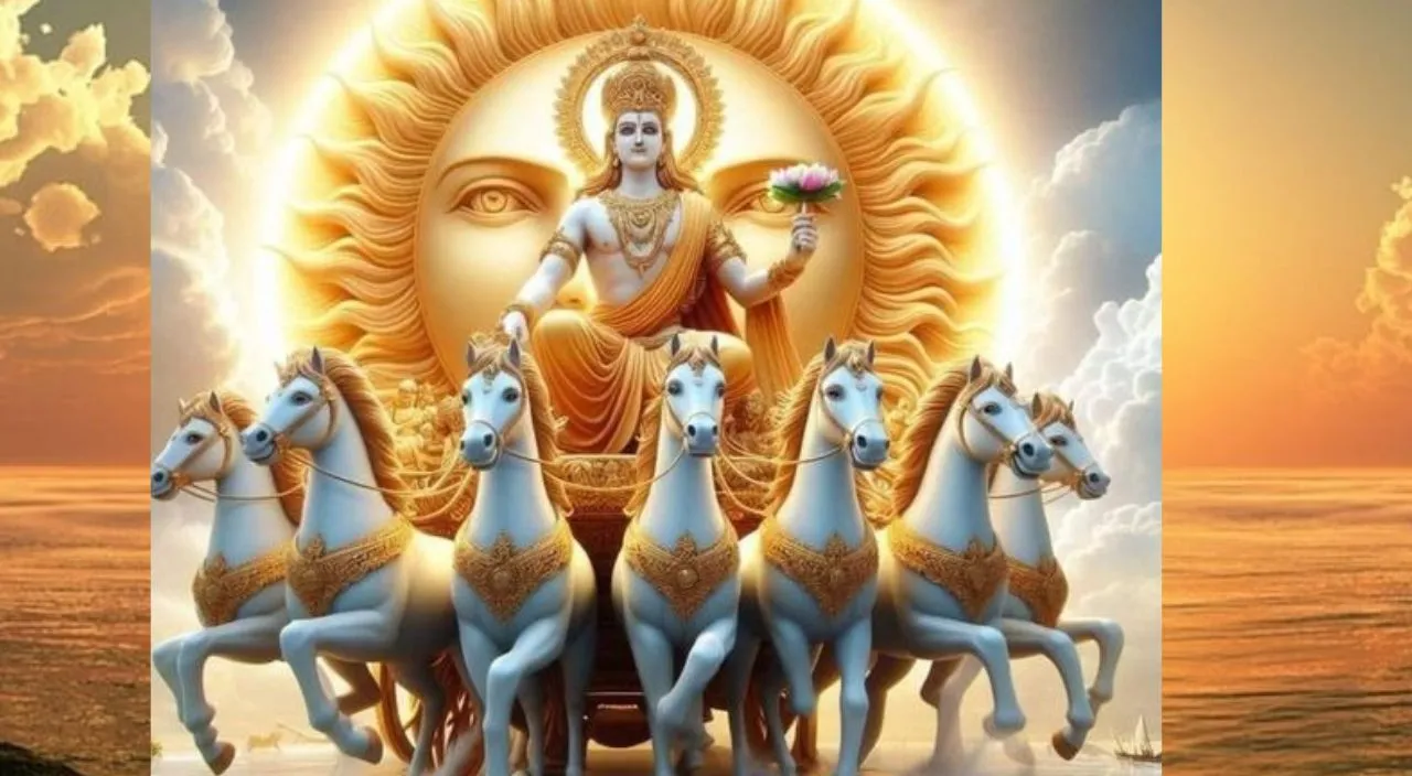 create a Hinduism surya god with golden background, 8k, size of 1920x1080, colorful