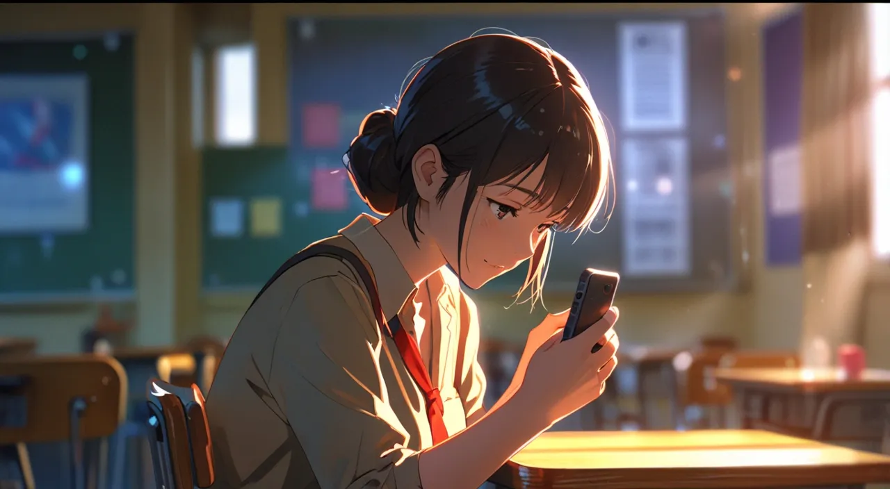 a girl sitting at a table looking at her cell phone