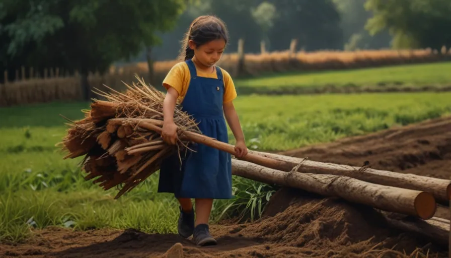 a young girl carrying a large bundle of wood