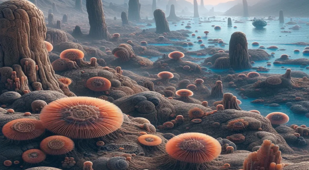 a painting of a bunch of mushrooms in a field