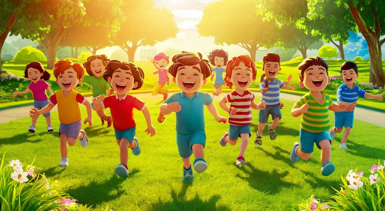 a group of children running through a park