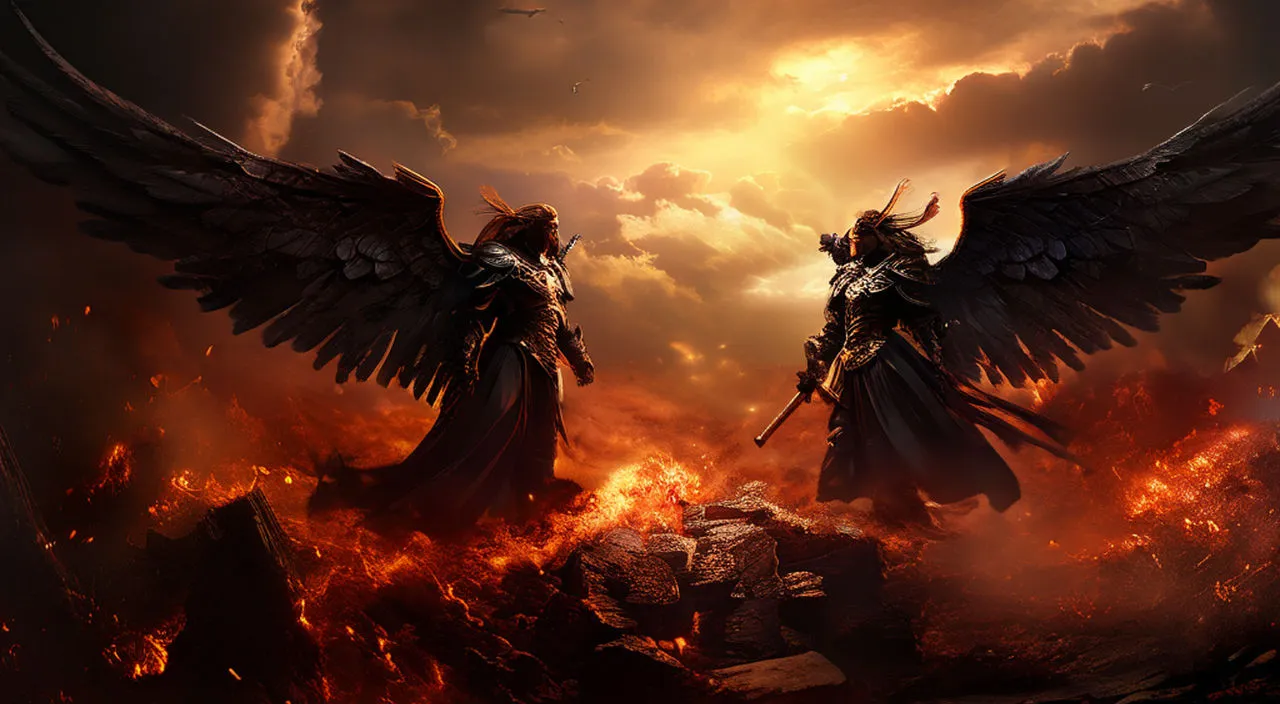 two angels standing in front of a blazing sky