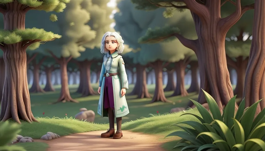 Elara stands at the edge of the forest, a sense of bittersweet longing in her heart as she prepares to embark on the next chapter of her journey.