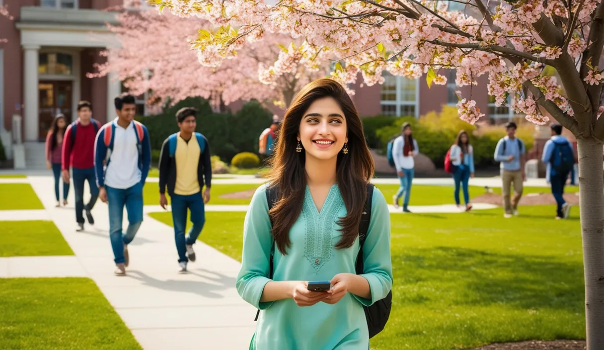 Campus Serenade: On a university campus, a Pakistani girl walking under a blossoming tree, a Bollywood song softly playing from her phone. The 4K wide shot captures students walking by and studying, but her smile and dreamy gaze reveal she is thinking about her boyfriend, who is attending a university in the United States, lost in her own romantic world.