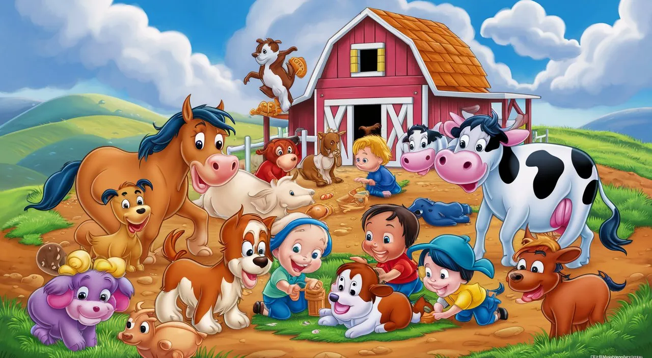 cartoon and Disney style image for children of a farm with many animals around playing with the children