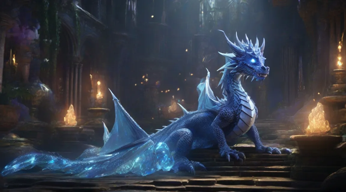 a blue dragon sitting on top of a stone floor