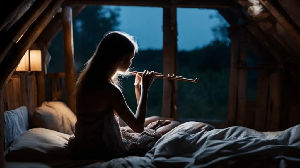 a woman sitting on a bed playing a flute