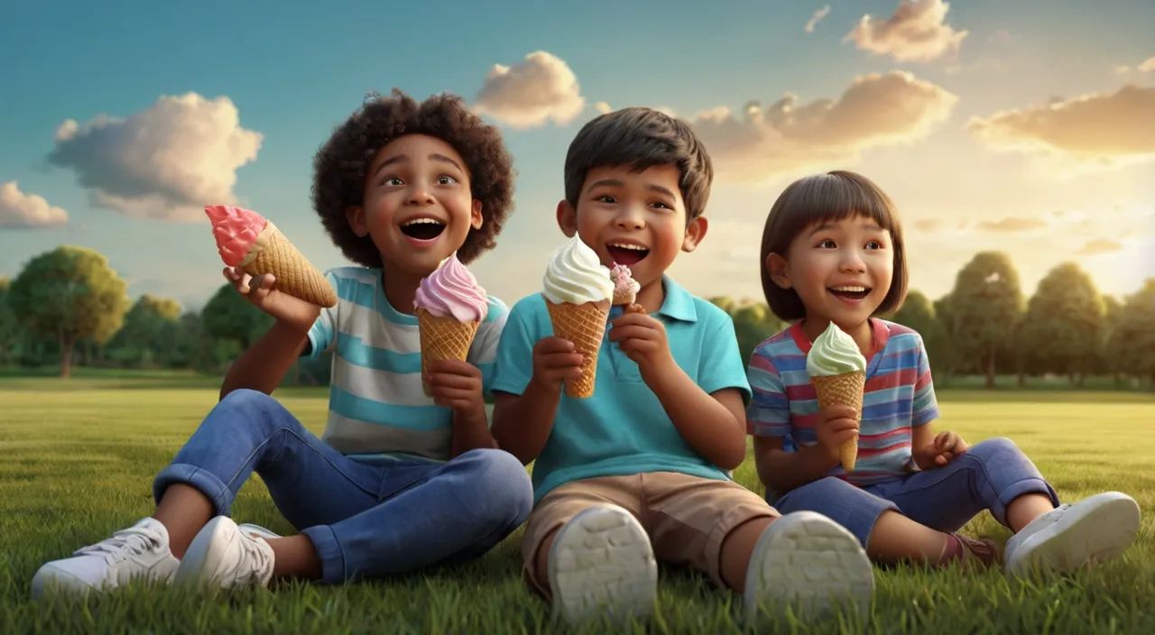 three children sitting in the grass eating ice cream