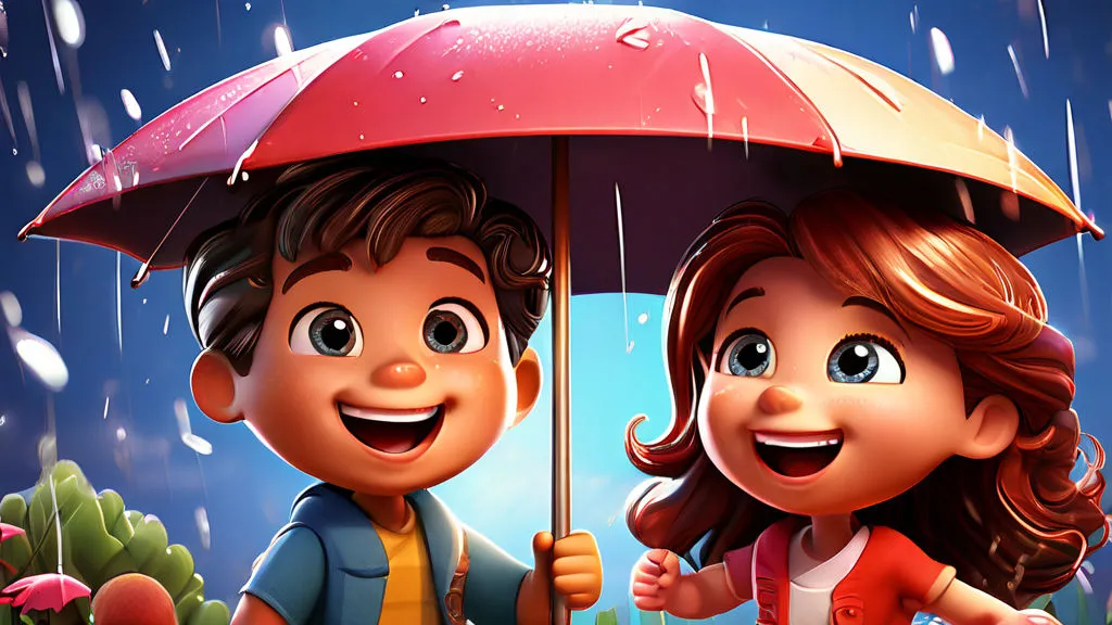 a boy and a girl under an umbrella in the rain