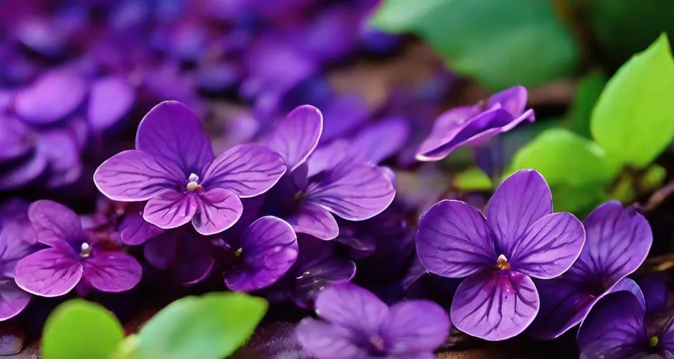 a bunch of purple flowers with green leaves