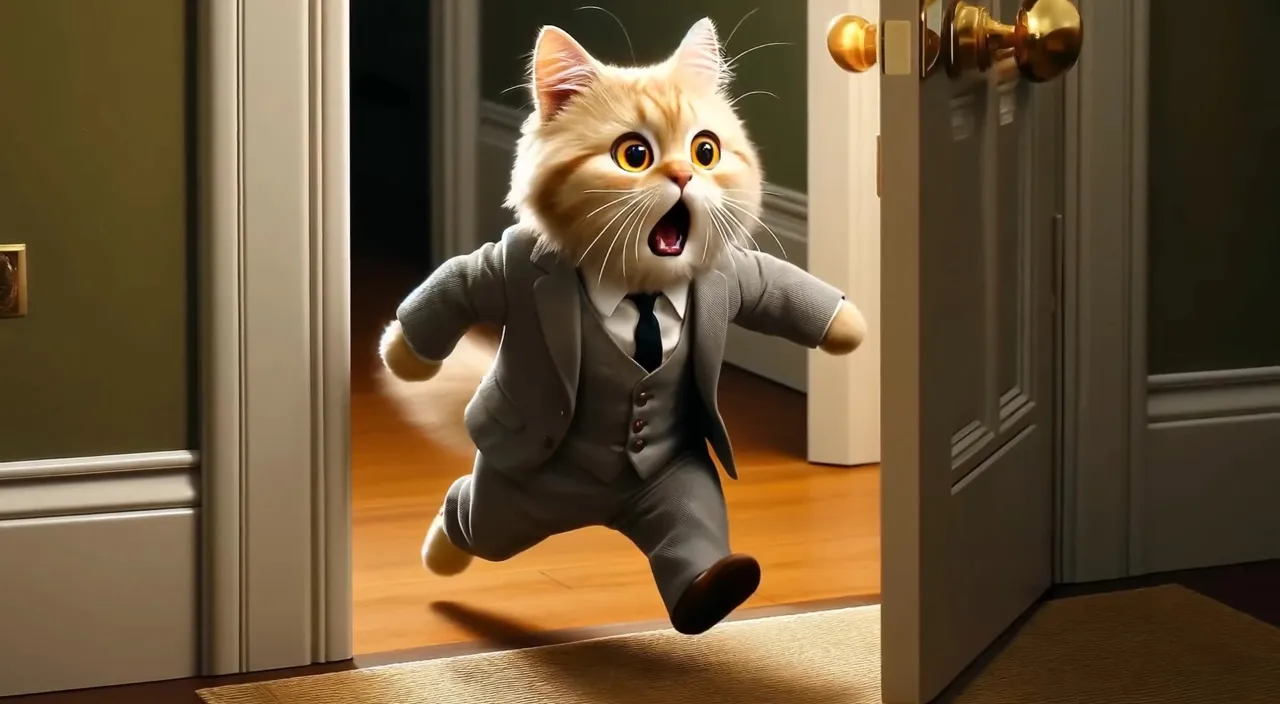 a cat in a suit is jumping into a doorway