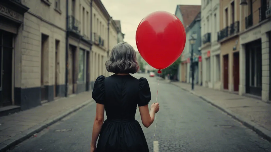 a woman in a black dress walking down the street holding a red balloon