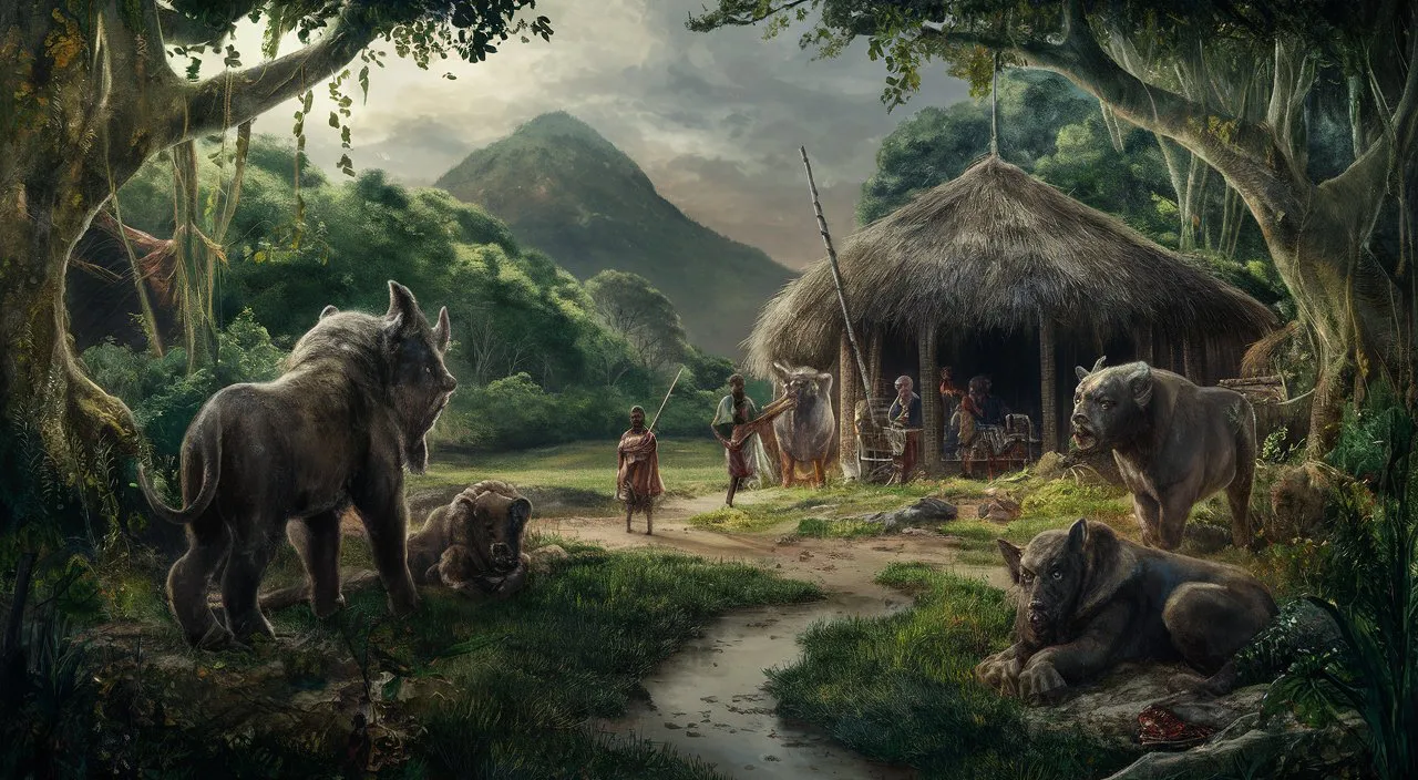 a painting of people and animals in a jungle setting