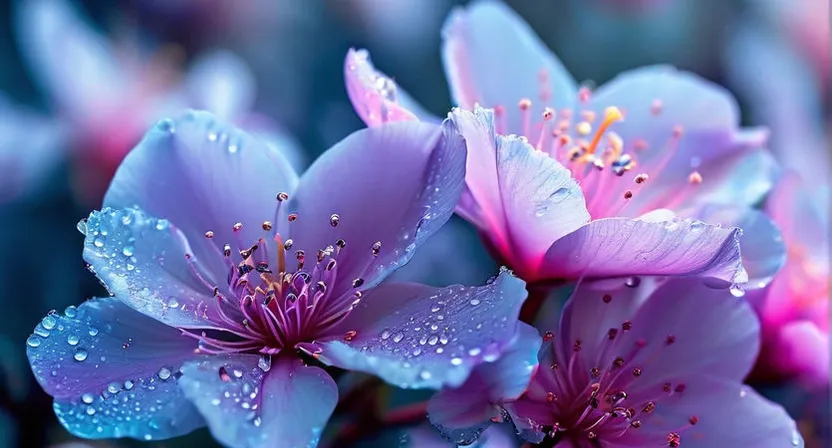 a bunch of purple flowers with water droplets on them