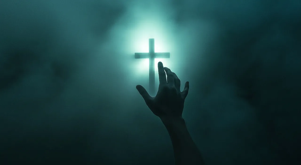 hand, fog, cross, gesture, religious item, symbol, art, event, darkness, crucifix