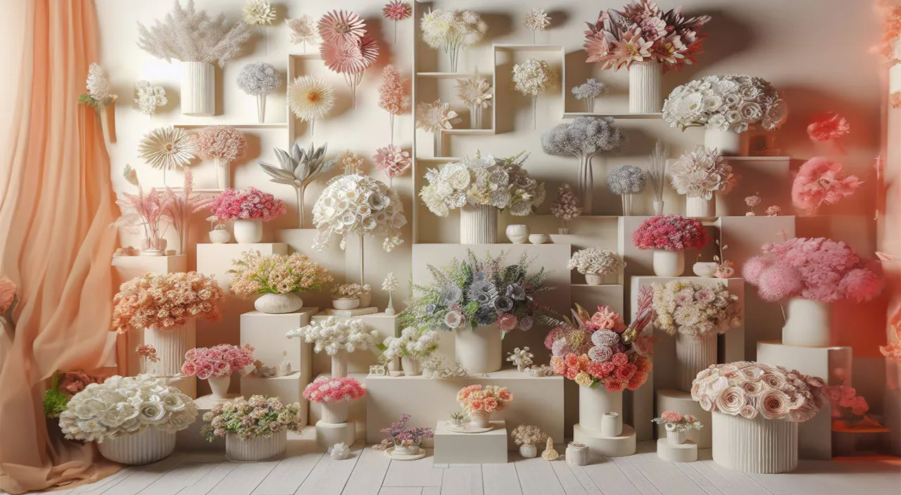 a room filled with lots of vases filled with flowers，Butterflies are flying, a few petals are floating in the wind, and the light spots are moving