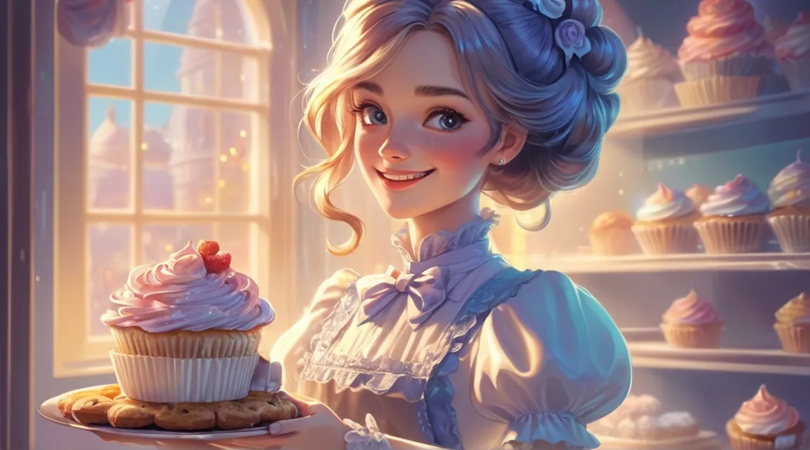 a painting of a woman holding a cupcake and smiling