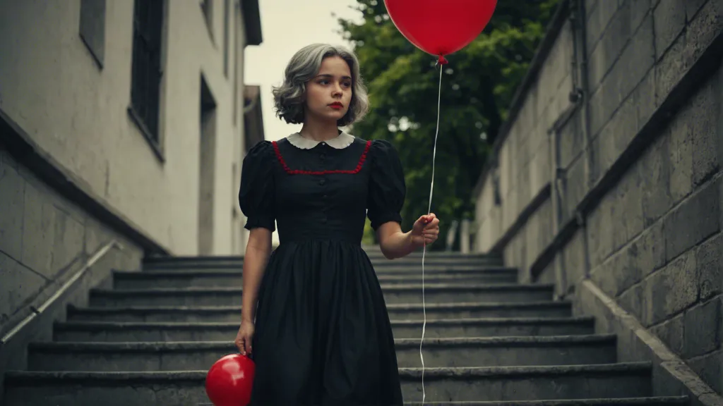 a woman in a black dress walking downstairs holding a red balloon