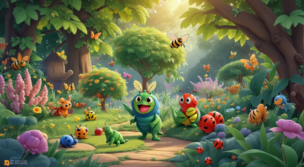 a group of bugs walking through a lush green forest playing