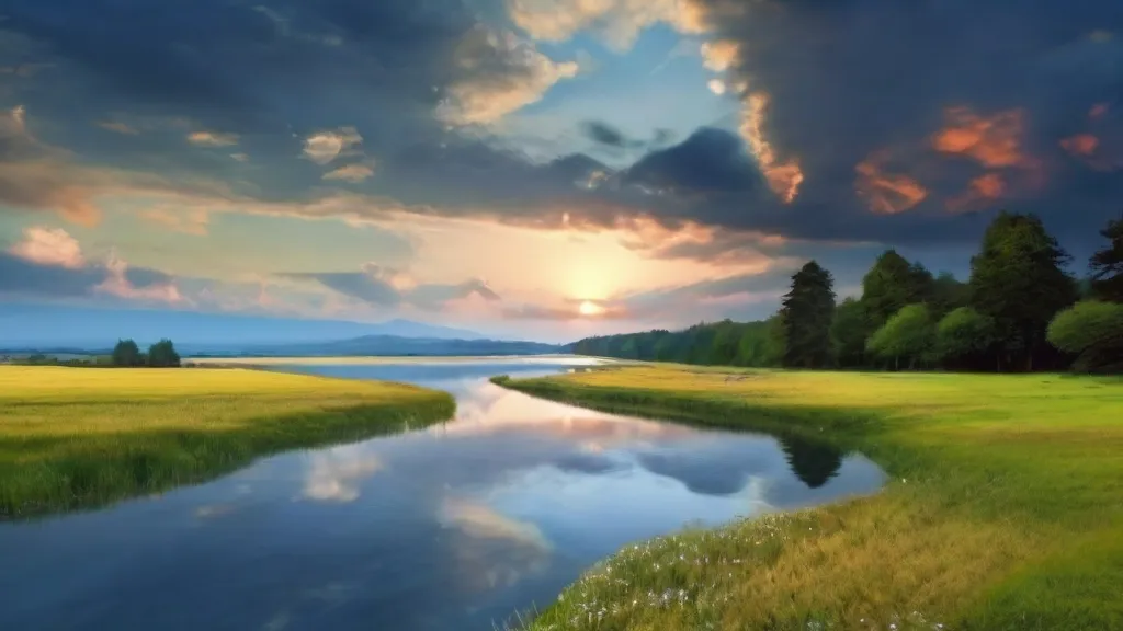 a painting of a river running through a lush green field