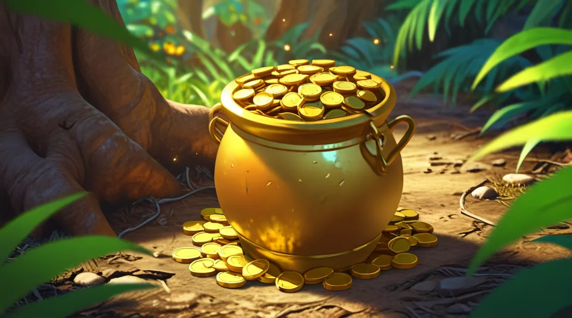 a gold pot sitting on top of a pile of gold coins