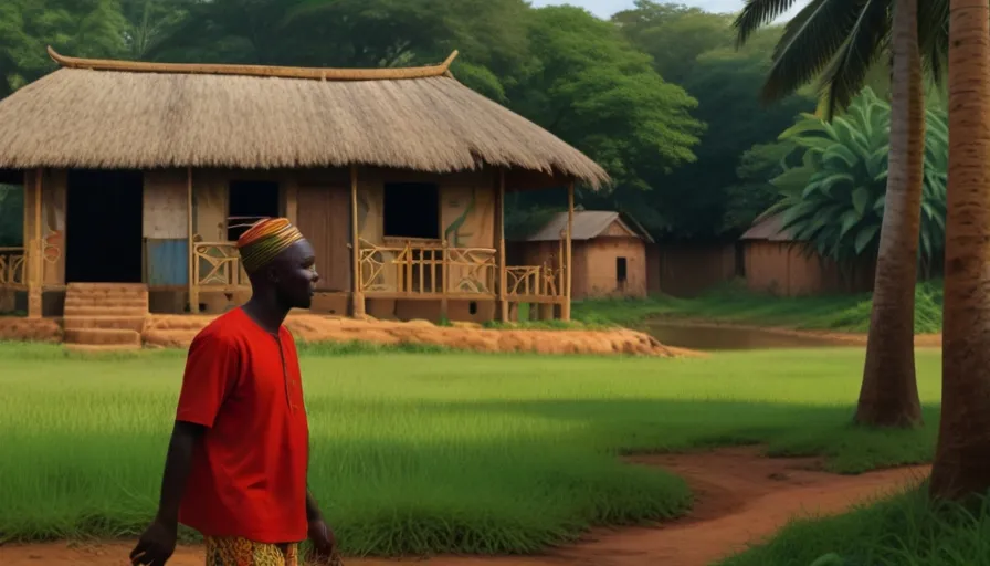 a man standing in front of a hut on a lush green field