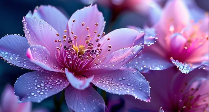 a close up of a flower with drops of water on it