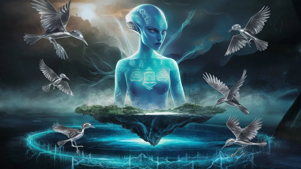 A stunning 4K sci-fi fantasy scene where an ethereal blue alien entity with holographic ancient symbols on her skin stands on a floating island above a mystical cosmic lake. The lake is charged with electro-power, and the island is surrounded by silver chrome alien birds feeding on the wisdom of the cosmos. The atmosphere is atmospheric and cinematic, reminiscent of a blockbuster movie, with a blend of ethereal and futuristic elements.