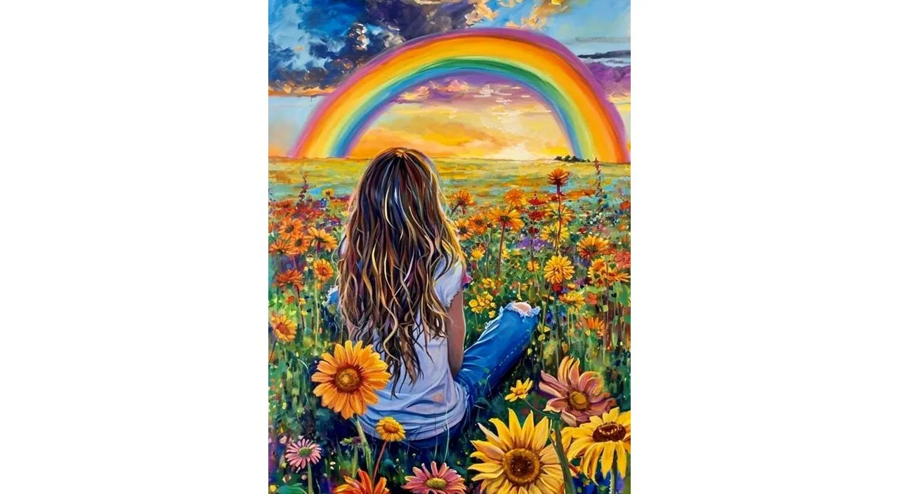 a painting of a girl sitting in a field of sunflowers