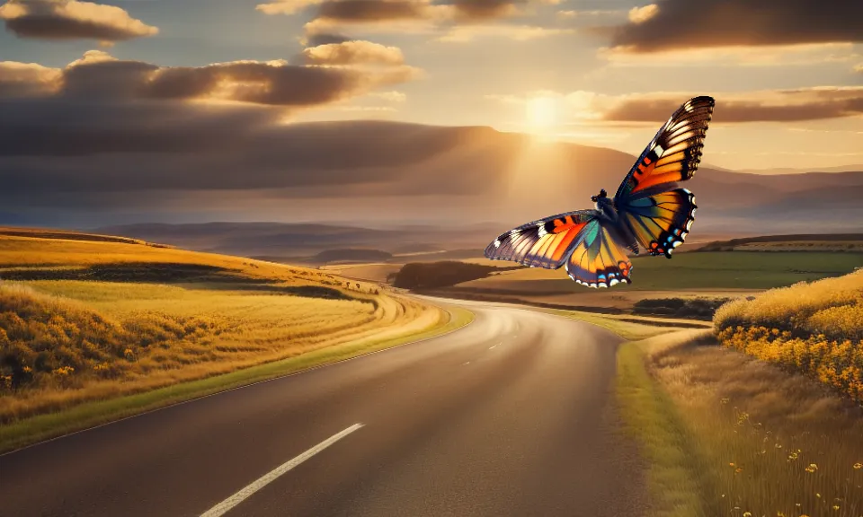 a colorful butterfly flying over a road in a beautiful foothills landscape