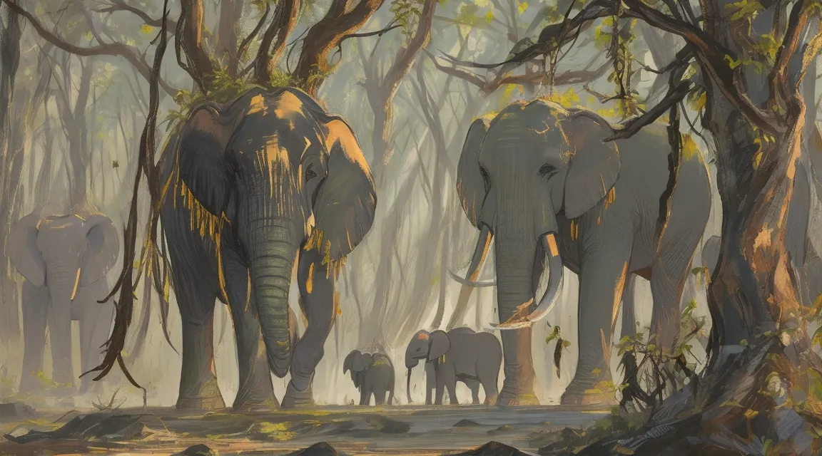 a group of elephants walking through a forest