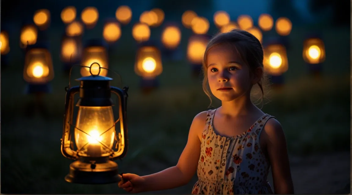 a little girl holding a lantern in a field