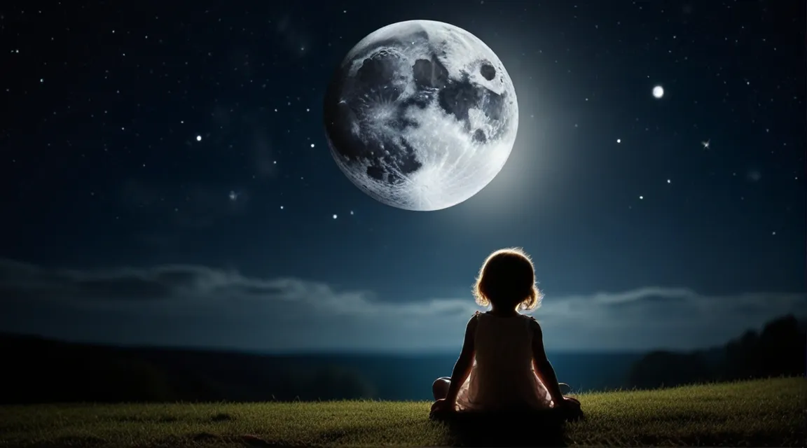 a little girl sitting in the grass looking at the moon