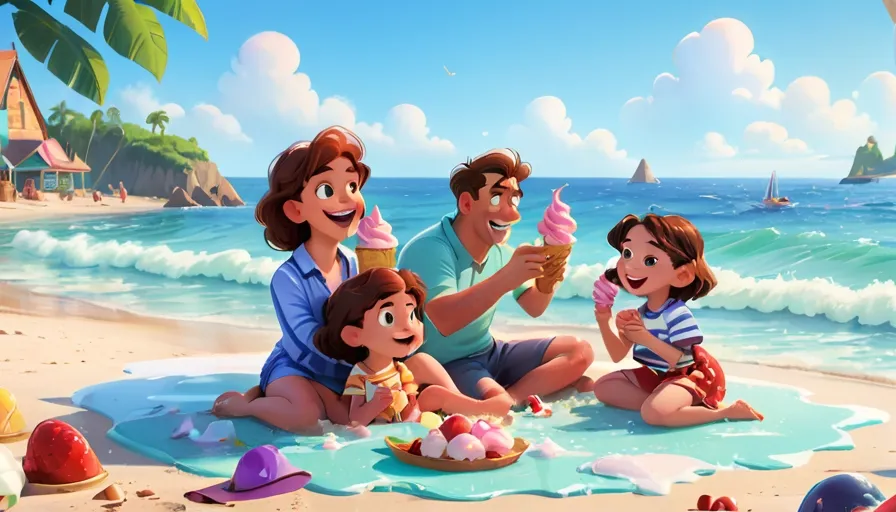 a family sitting on the beach eating ice cream