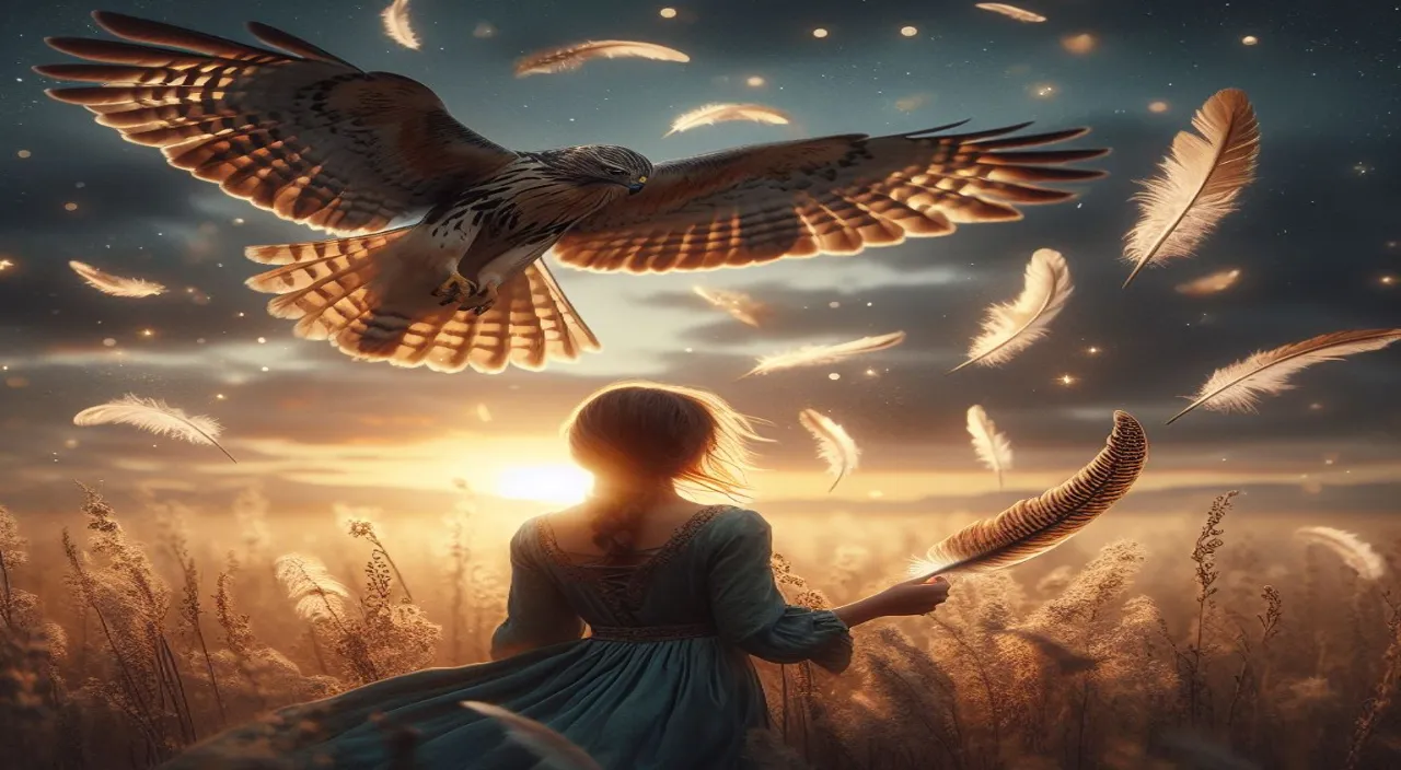 a woman holding a feather in front of a bird of prey