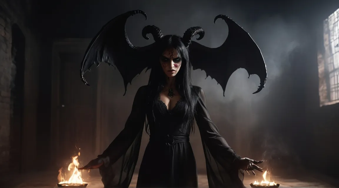 a woman dressed as a demon standing in a dark room