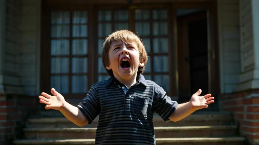 a young boy standing in front of a building with his hands open and screamimg