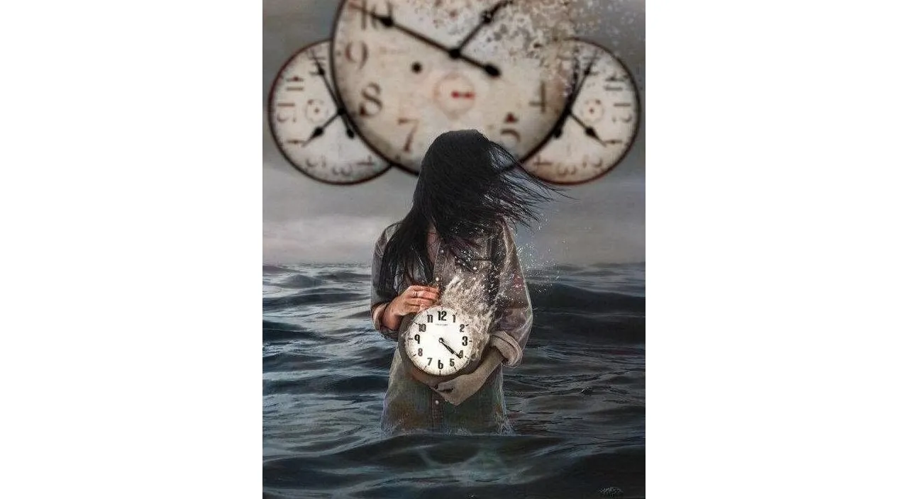 a woman standing in the water with a clock in her hand