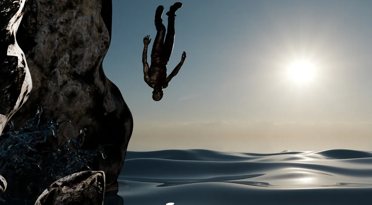 A person jumping from a cliff into the ocean