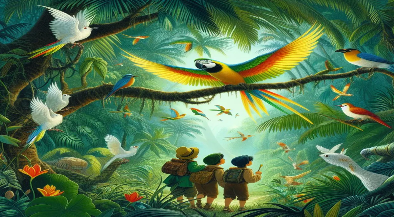 a painting of two children looking at birds in the jungle