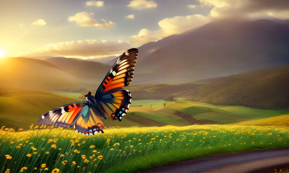 a butterfly flying over a lush green field