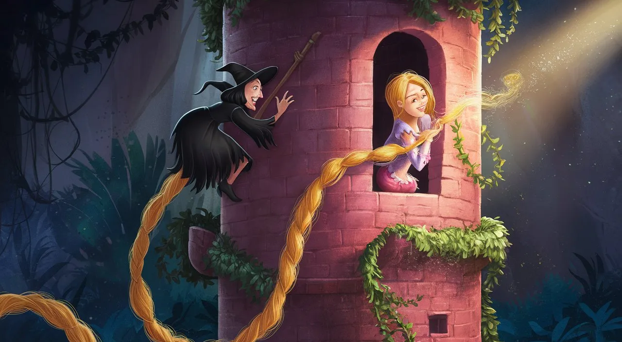 a cartoon of a witch and a witch on a castle