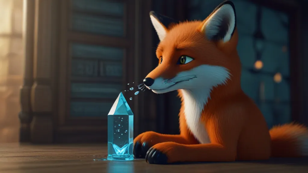 a fox sitting on the floor next to a glass bottle