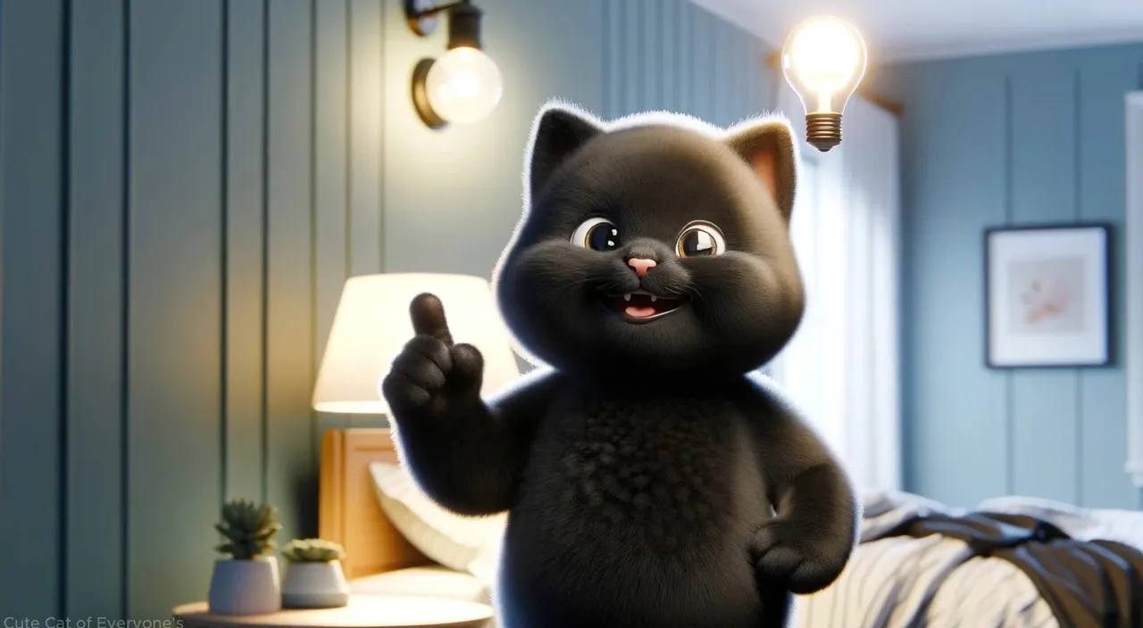 a black cat standing in a bedroom giving a thumbs up