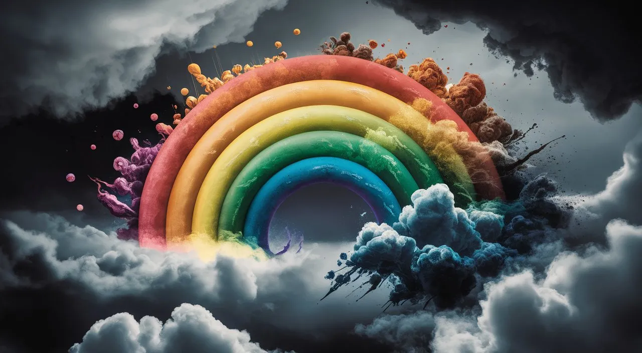 a rainbow in the clouds with clouds around it