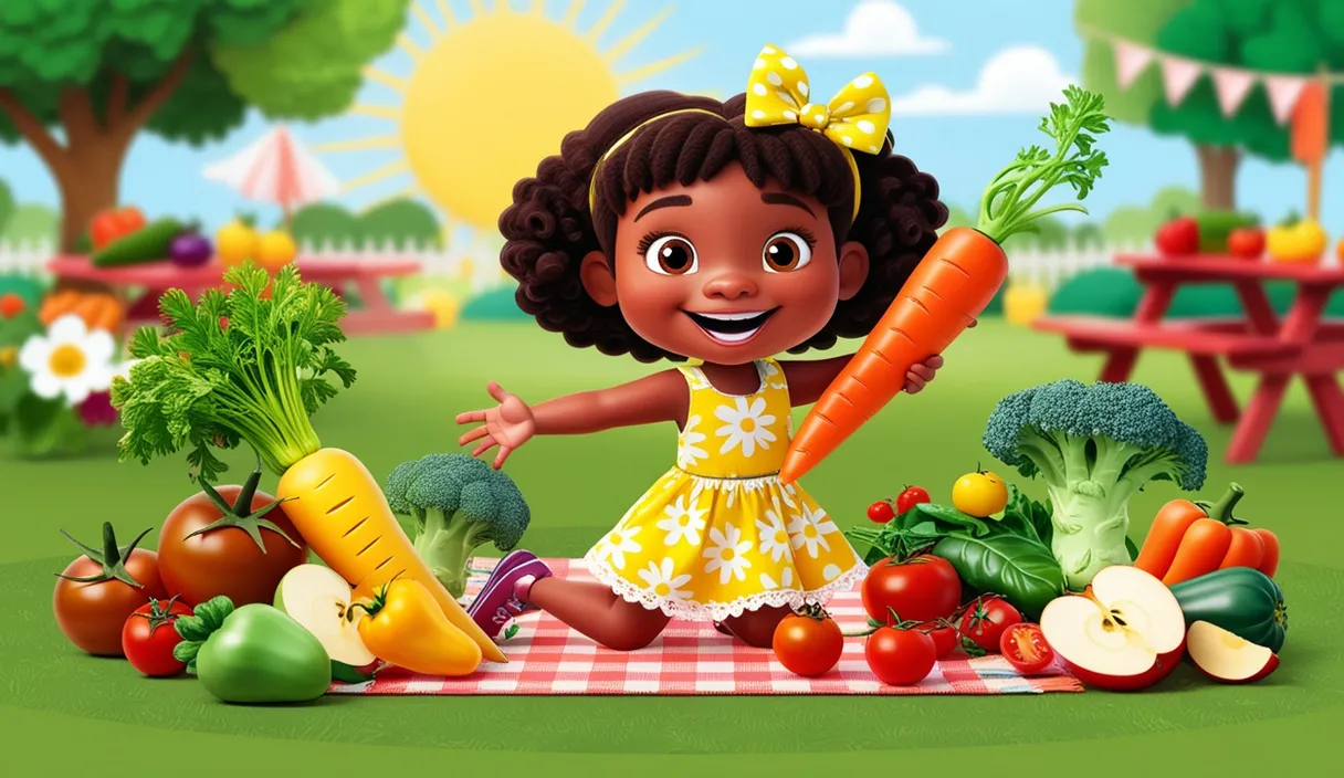 a little girl standing in front of a pile of vegetables